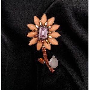 Rare Find Vintage SORRELLI Signed Flower Brooch With Peach Petals Purple Gem Cen